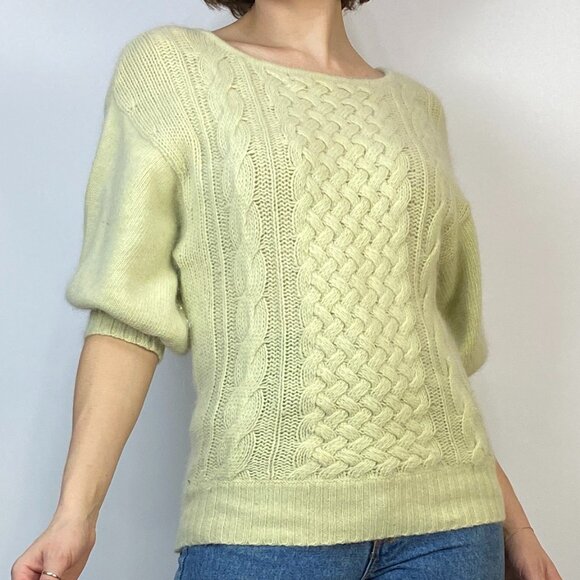 Vintage 1980s ACID Lime Green Fuzzy ANGORA PUFF Half Sleeve Sweater! Medium - Picture 5 of 7